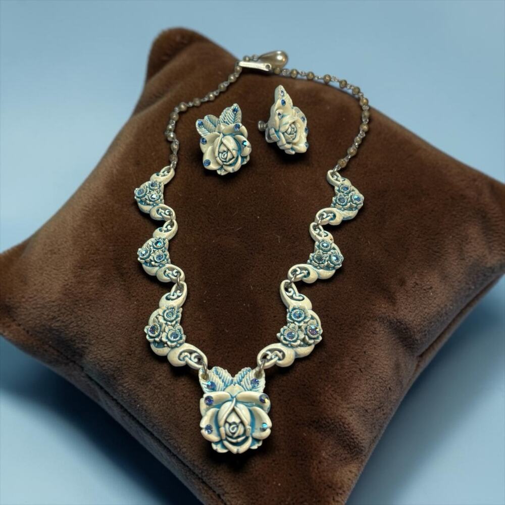 Blue Rose Rhinestone Necklace & Earrings  Set Cottagecore Wedding Fairycore